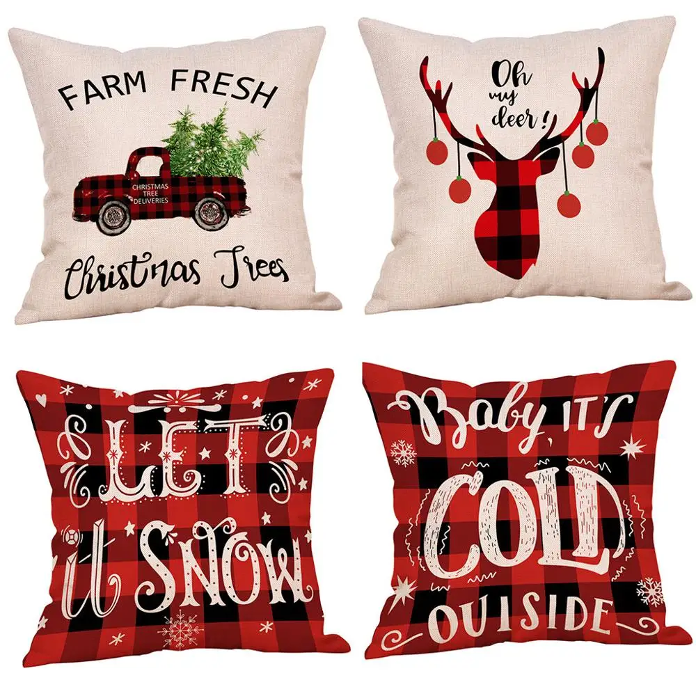 

4Pcs Christmas Pillow cover 45*45cm Cushion Cover Linen Throw Pillow Car Home Decoration Decorative Pillowcase @X