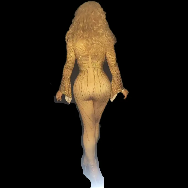 

Golden Color Women Nightclub Style Dance Costumes Jumpsuits Slim Sexy Shining Rhinestones Long Sleeve Clothes New Leotard