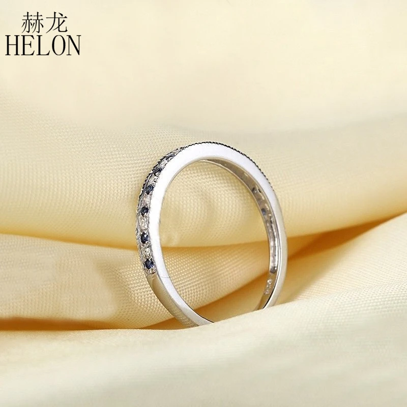 HELON Solid 14 K белое золото 0.2ct настоящий сапфир бриллиантовое обручальное кольцо женские свадебные драгоценные камни ювелирные изделия половина вечности группа