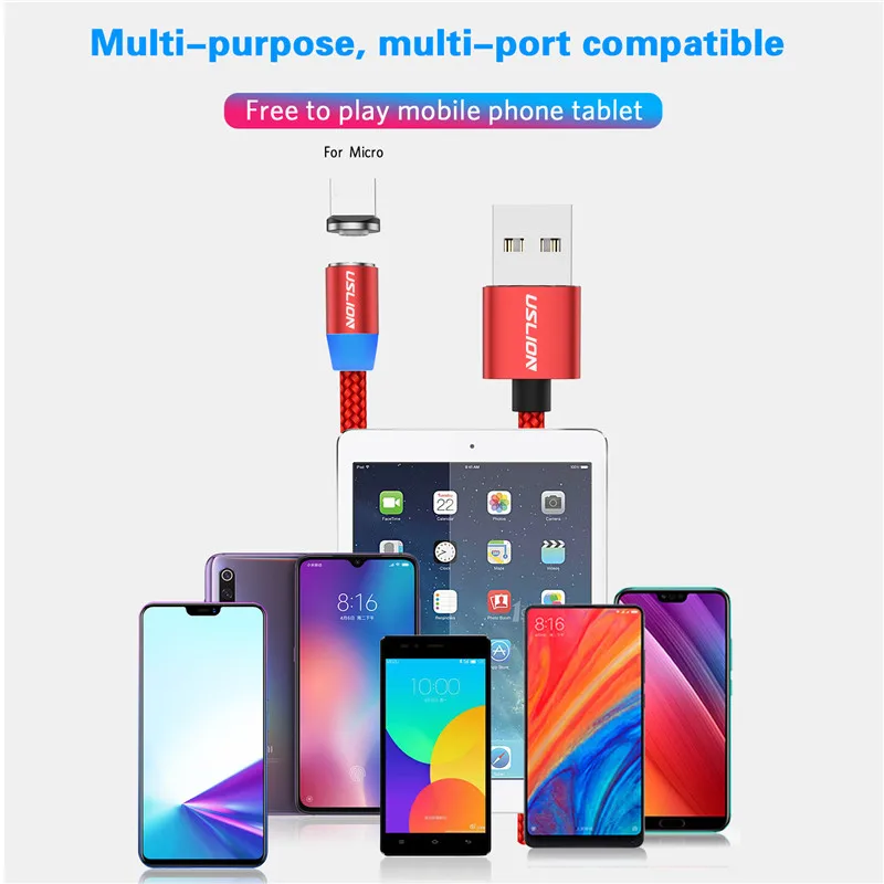 USLION Micro USB Магнитный кабель type-C Магнитный кабель для зарядки телефона 1 м 3 А Быстрая зарядка Android type C провод для huawei P30 samsung