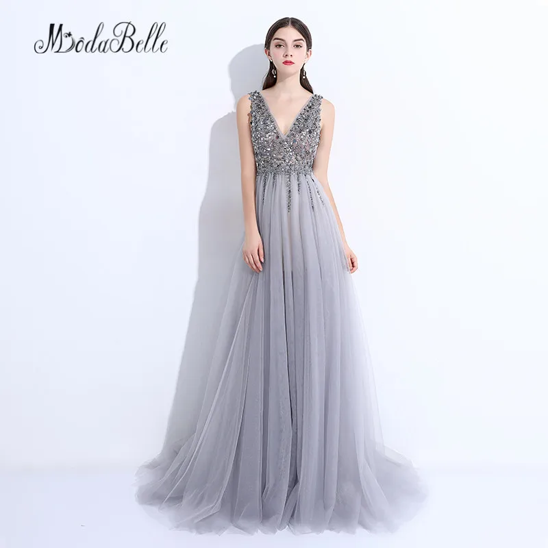Женское вечернее платье с блестками modabelle серое v-образным вырезом и открытой