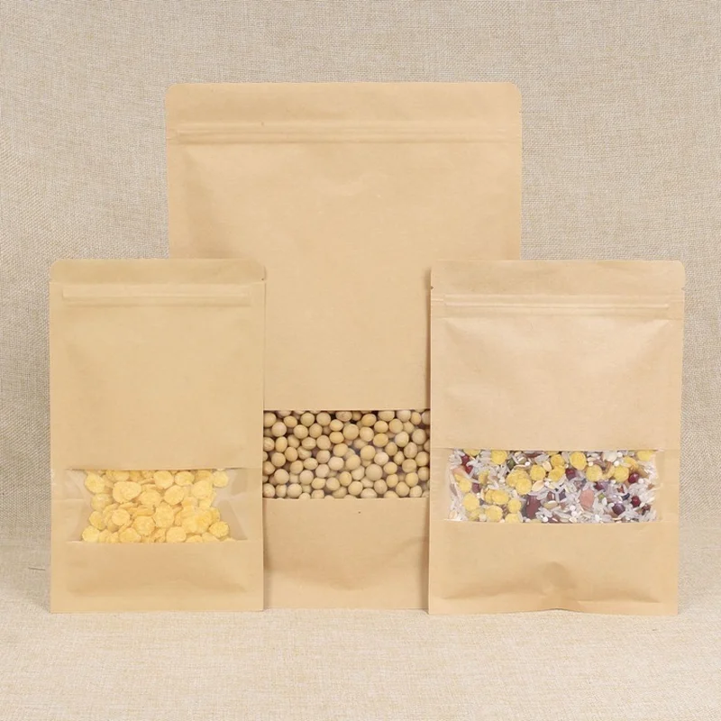 

100pcs Kraft paper flat bottom window food candy coffee powder packing bags ziplock seal sealing pouch