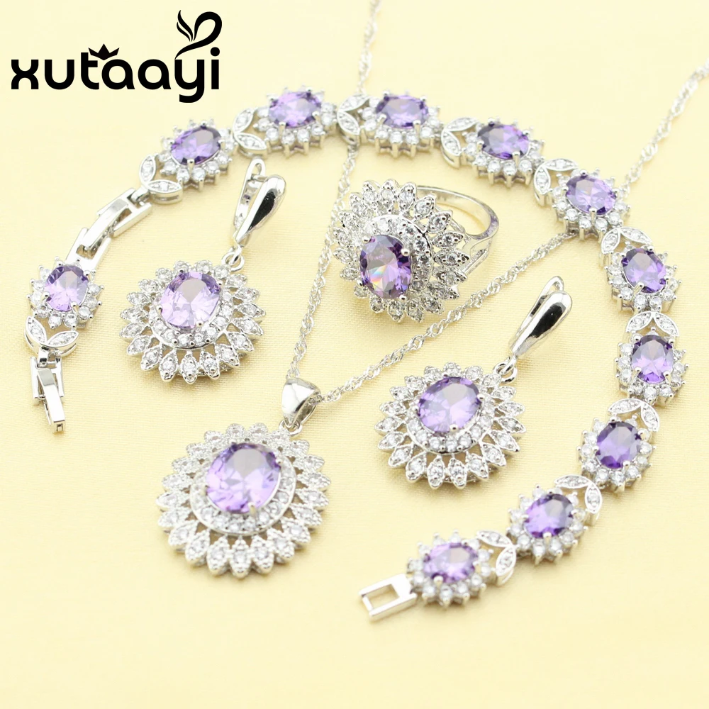 XUTAAYI 4PCS Silver colorcolor Jewelry Set Flower Purple Zircon Earrings Ring Necklace Pendant Bracelet Christmas Gift | Украшения и