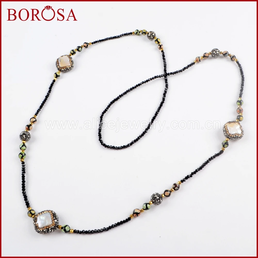 BOROSA 3 шт. модные 36 дюймов длинные черные бусины ожерелье кристалл паве
