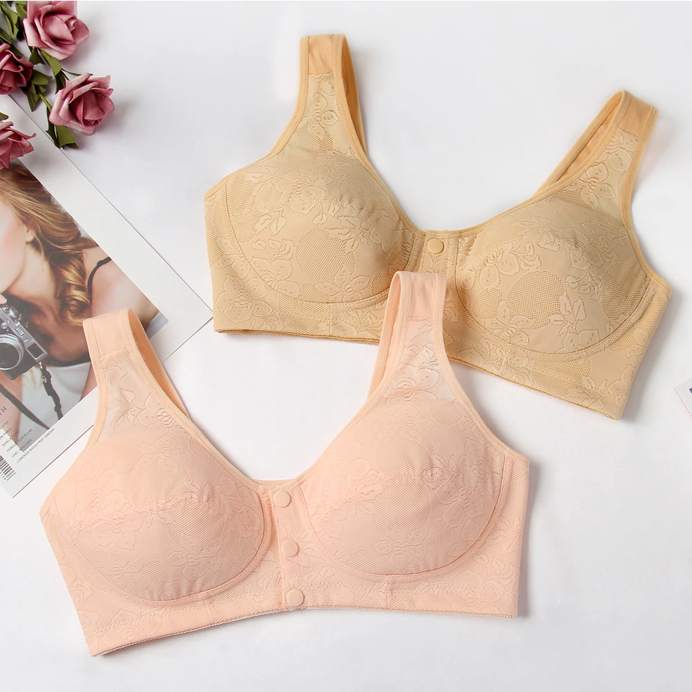Perfering Women's Front Closure Wireless Lace Plus Size Bra Cotton Front Button Bra Solid Lingerie Leisure Bh 75 80 85 90 95 100