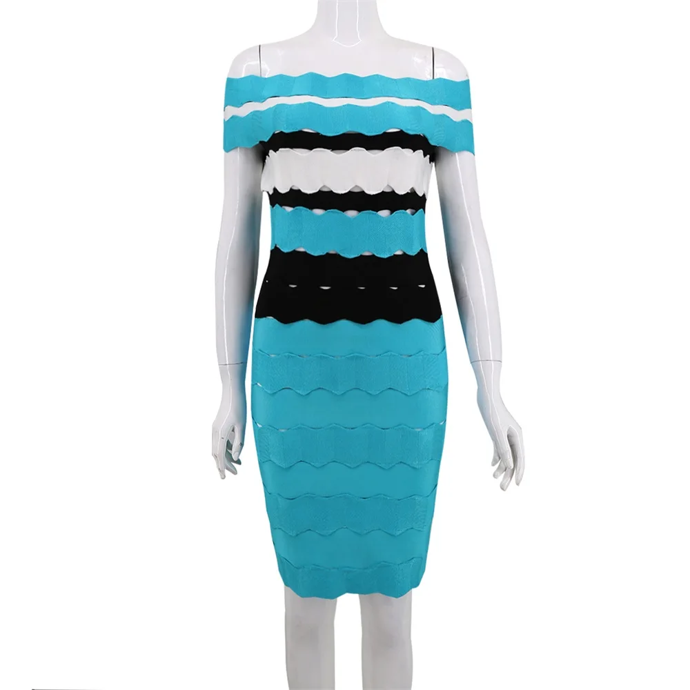 Небесно-голубое черно-белое Полосатое вискозное жаккардовое Бандажное платье