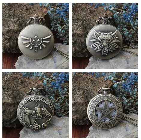 Mixed style sales Bronze antiques Wolf horse pentagram cartoon hours Necklace pocket watches gift KLH352