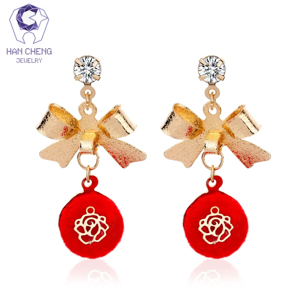 HanCheng новые модные красные Висячие круглые серьги Стразы золотые цветы Бант для