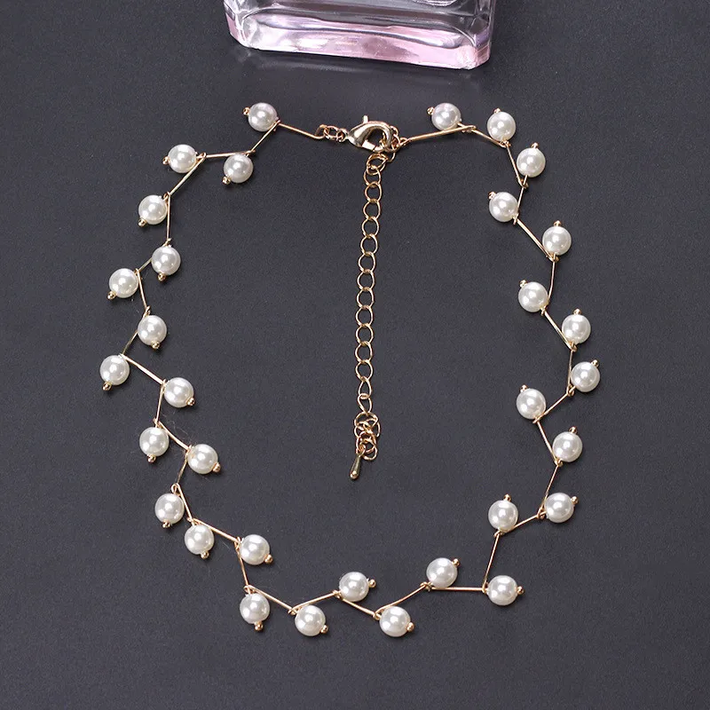Pearl gold DREJEW Korean Short Pearl Crystal Statement Choker Necklaces Silver Gold Black Necklace for Women Friend Collares boho Jewelry - Окраска металла: Pearl gold