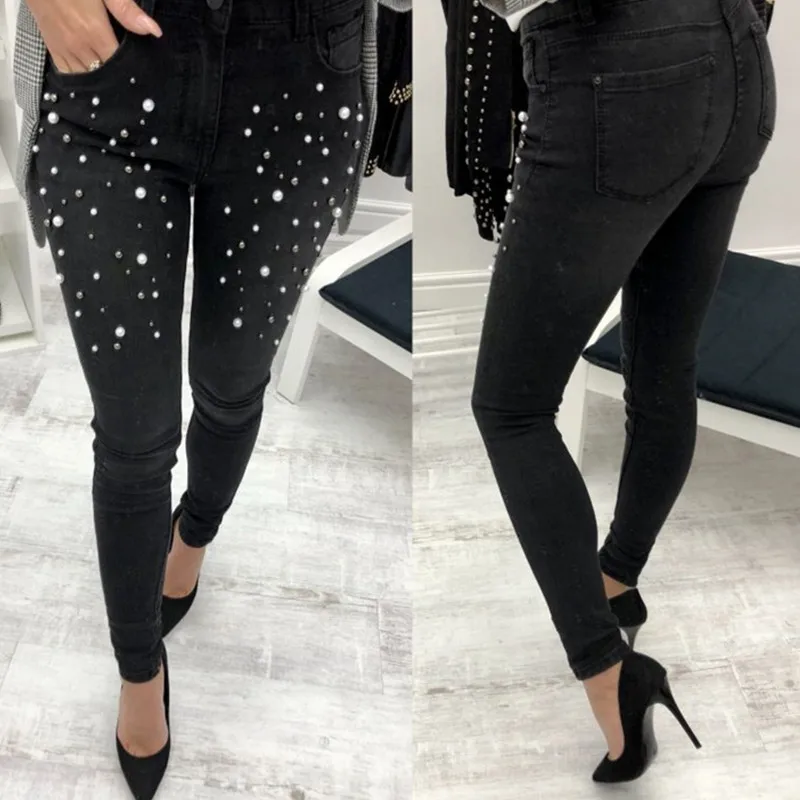 

Sweatpants Pantalon Mujer Mid Skinny Embroidered Flares Polyester Cotton Solid Real New Style Women Beaded Pencil Pants
