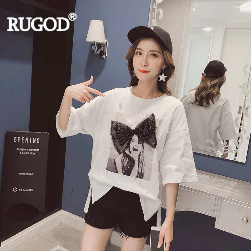 RUGOD женская футболка однотонный бант жемчуг круглый вырез топ 2019 Новое