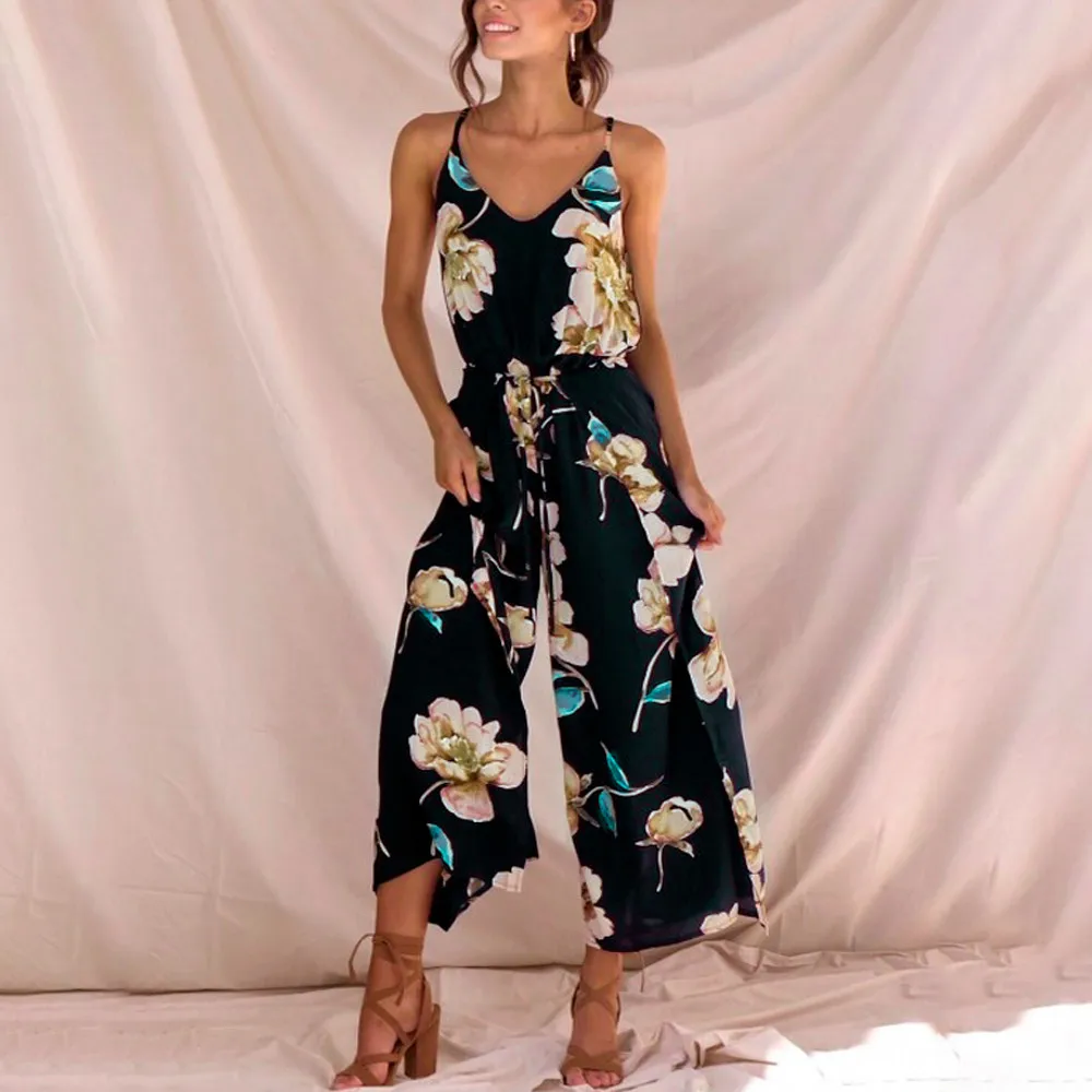 Женский комбинезон на бретельках с цветочным принтом длинные брюки летние
