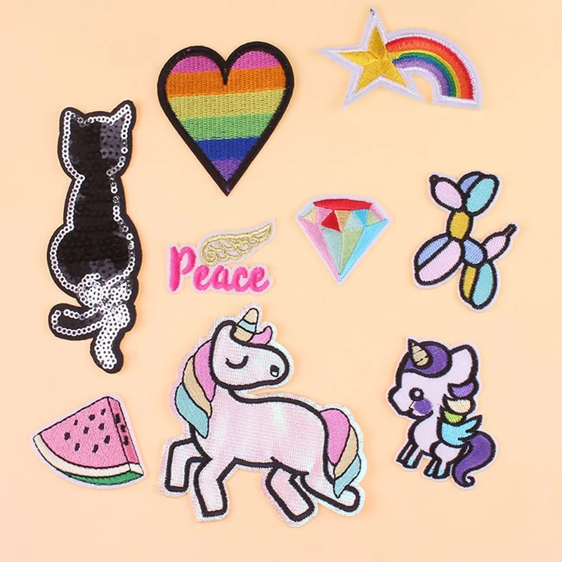 as picture Prajna, Мультяшные нашивки, набор, аниме, кот, фрукты, нашивка единорога, железные, милые, дешевые, вышитые нашивки для детской одежды, смешанные нашивки - Цвет: as picture