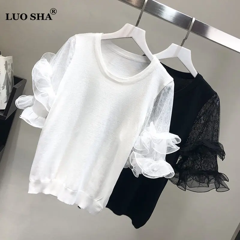 Женская футболка с рукавами фонариками LUOSHA белая трикотажная в стиле пэчворк