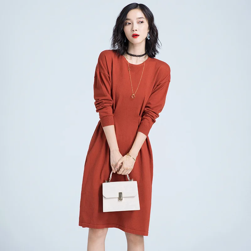2018 Autumn Winter Office Lady Knitted O Neck Long Sleeve Fashion High Waist 4 Solid Color Women Mid-dress | Женская одежда