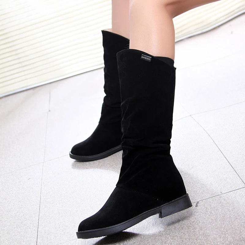 Autumn Winter Women's Boots Matte Flock Boots For Female Ladies Height Increased Low Heel Shoes Woman Mid Calf High Boots