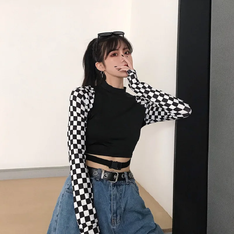 Корейский ulzzang осенний сексуальный хип-хоп Готический клетчатый топ с забавным принтом с длинным рукавом женский короткий параграф Повседневная модная тонкая футболка