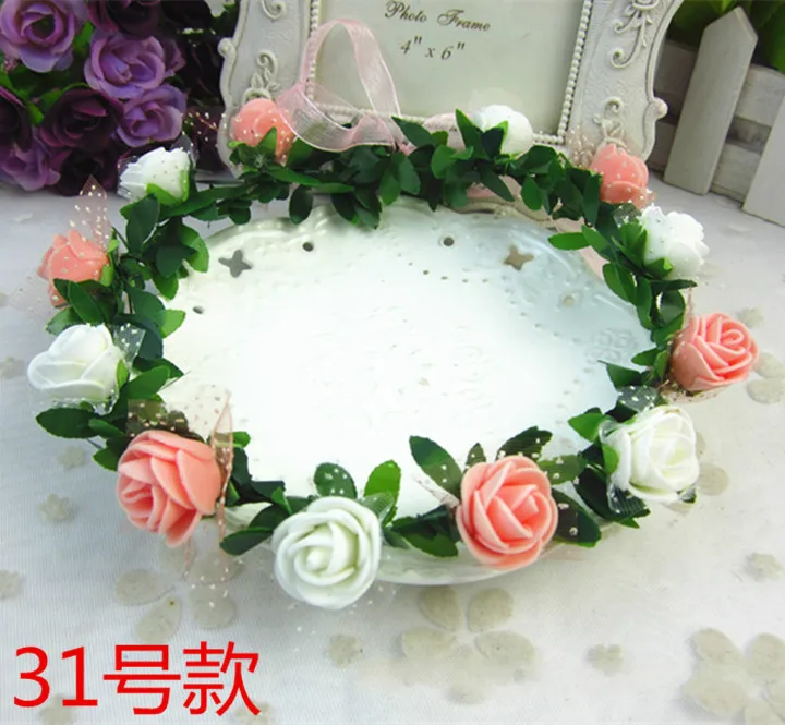 

100pcs Women PE Rose Artificial Flower Garland Wreath Headband and Wedding Hair Wreath Hair Band Ornaments Beach Wrape Wreath