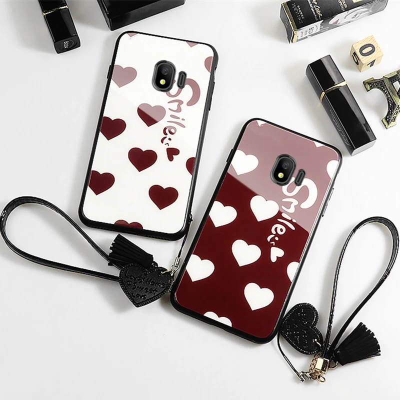 

Case & Strap For Samsung Galaxy J4 J6 2018 Case Glass Hard phone Cover For Samsung j4 j6 Plus 2018 Smile Love Heart lanyard fund