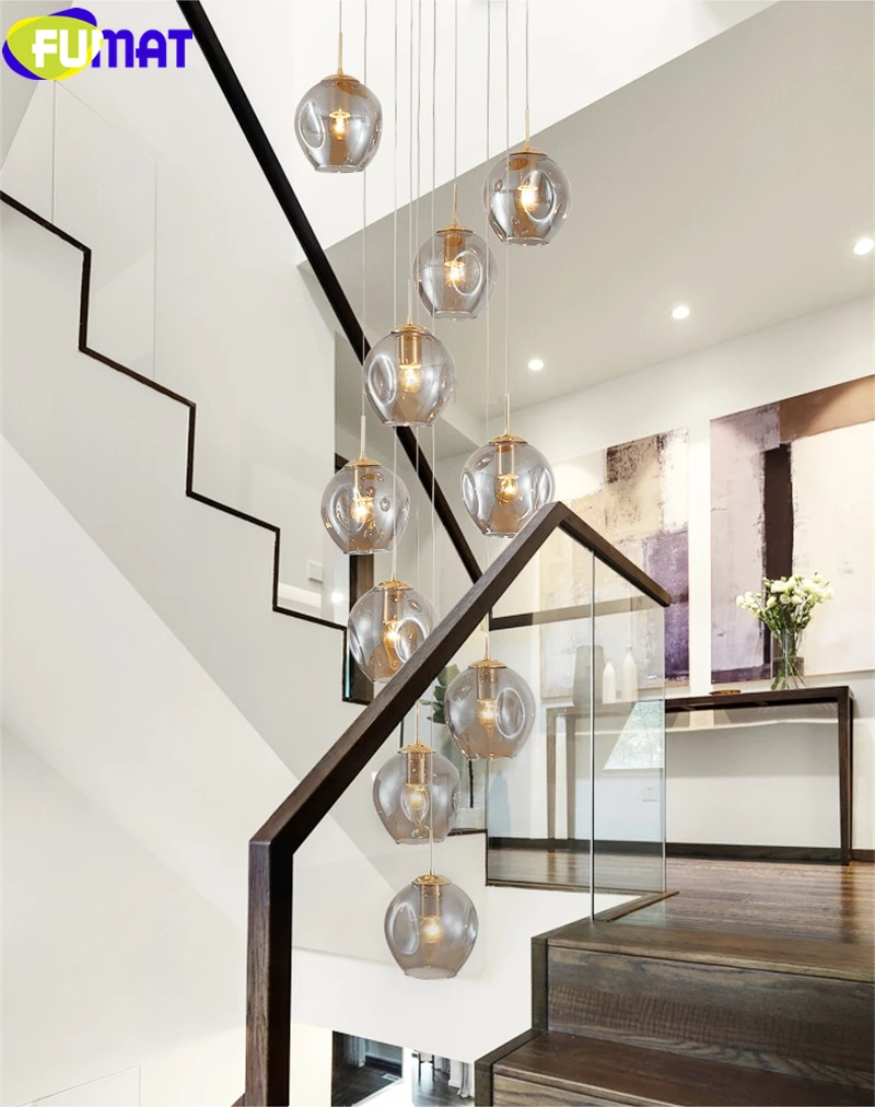 FUMAT MODO Ball Glass Spiral Staircase Villa Ceiling Lamps LED Stair Lamp Light Penthouse Chandeliers Cognac Gray Blue Fixture