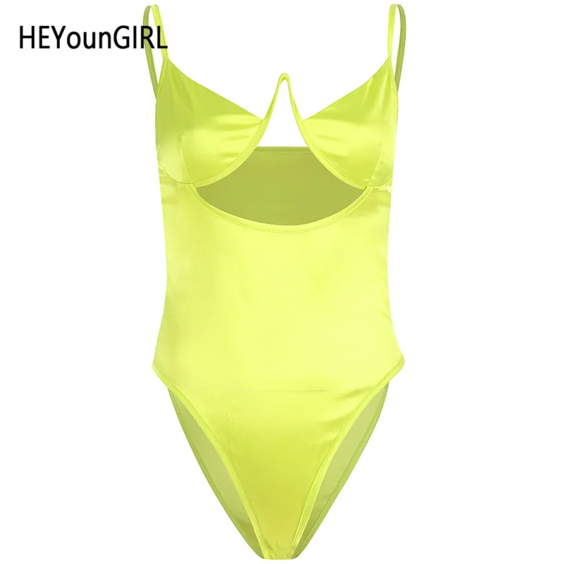 Армейский зеленый HEYounGIRL неоновый зеленый сатиновый костюм облегающий сексуальный боди Женский Топ с вырезами боди Женский желтый брючный костюм с бретельками женский летний - Цвет: Армейский зеленый