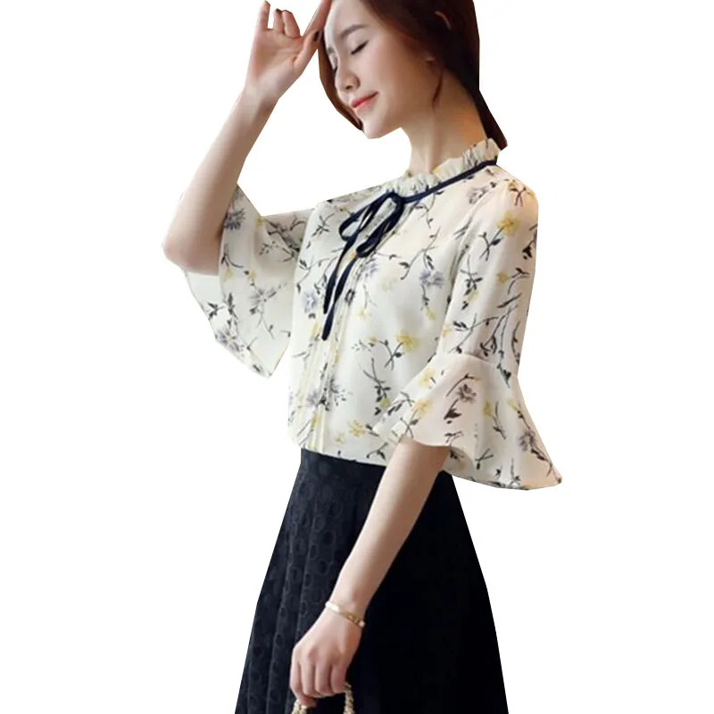 Новинка 2017 летняя шифоновая блузка с цветочным принтом женские повседневные