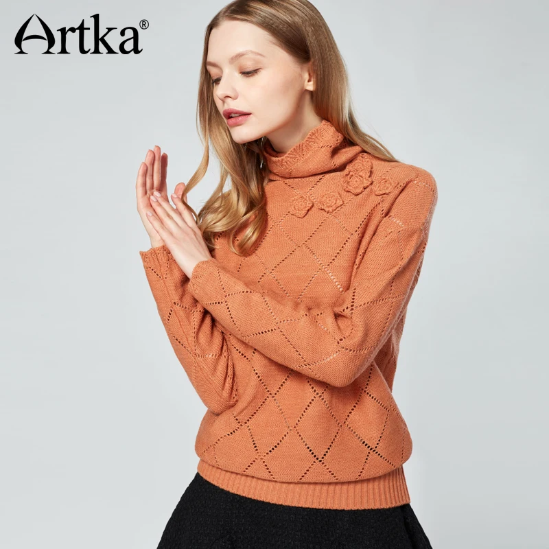 ARTKA Women's Winter Vintage Knitting Wollen Turtleneck Solid Color Sweater Pullover YB14477D | Женская одежда