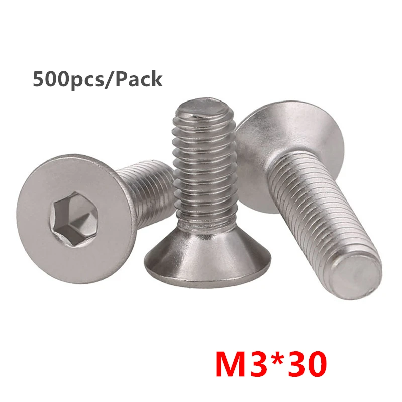 

500pcs M3*30mm Flat Screw DIN7991 Hex Socket Flat Countersunk Head Screw Bolt SUS304 stainless steel M3X30mm Bolts