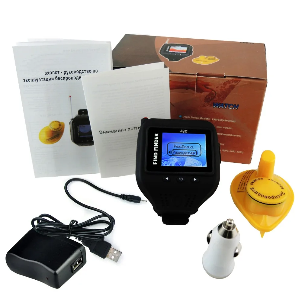 

FF518 Lucky Watch Type Sonar Fish Finder Russian Version Sonar Wireless / clock Colored Display with RU EN User Manual