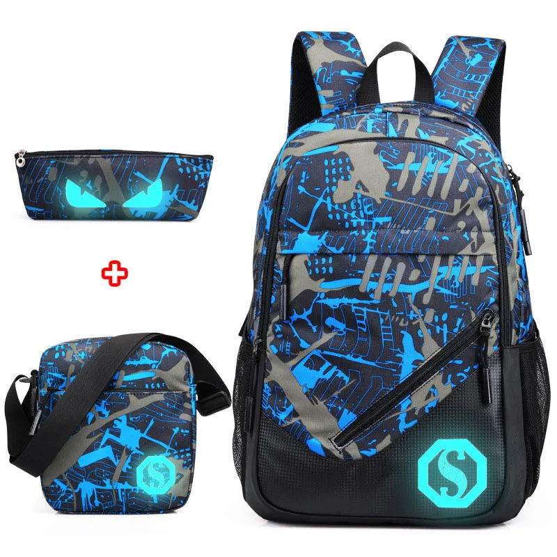Водонепроницаемый тканевый рюкзак для мальчиков, школьные сумки для подростков, пенал, чехол, синяя книжная сумка, рюкзак на одно плечо для ...