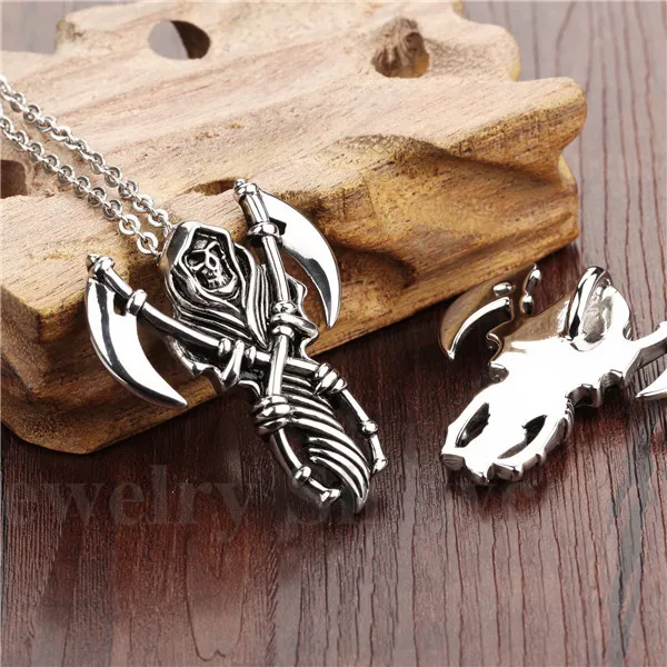 Stainless Steel Grim Reaper Skull Biker Men's Necklace Black Silver 20&quot|silver fine|necklace katherinesilver necklace chains |