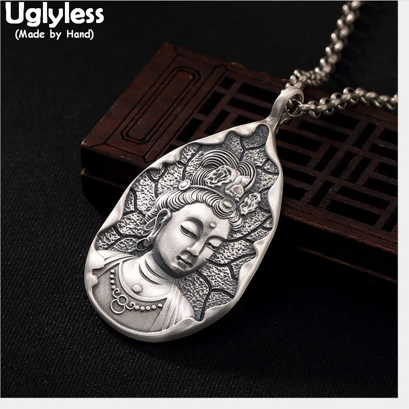 Uglyless Real 999 Чистое серебро ручной работы Bodhisattva Подвески Ожерелья без цепочки
