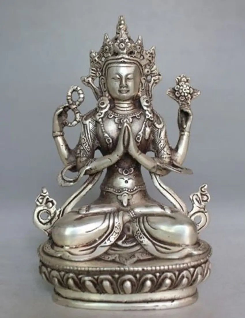 15cm*/Tibet Buddhism Silver Bodhisattva Four-armed Avalokiteshvara Buddha Statue