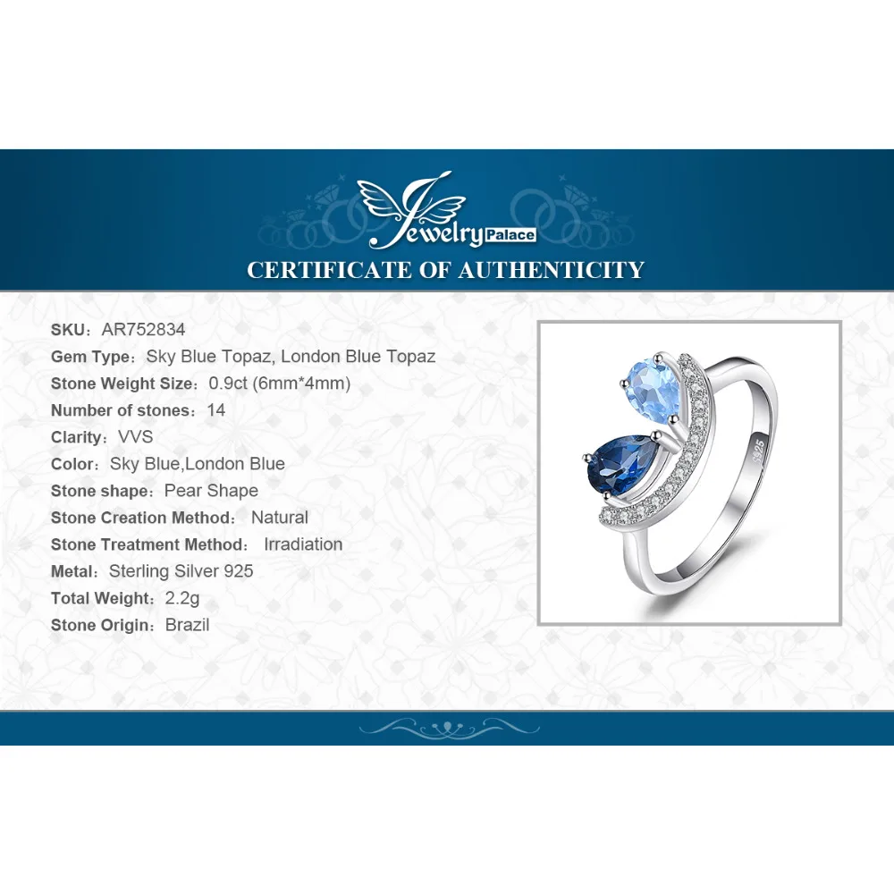 Jewelrypalace Мода 1 ct груша Природный Голубой топаз и Лондон кольцо стерлингового