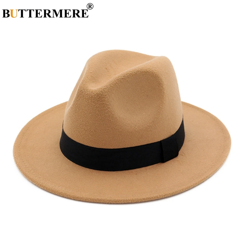camel hat BUTTERMERE фетровые шляпы для девушек, хлопковая серая джазовая шляпа, Топ для женщин с широкими полями, британская Классическая фетровая шапочка, Женская осенне-зимняя фетровая шапочка - Цвет: camel hat