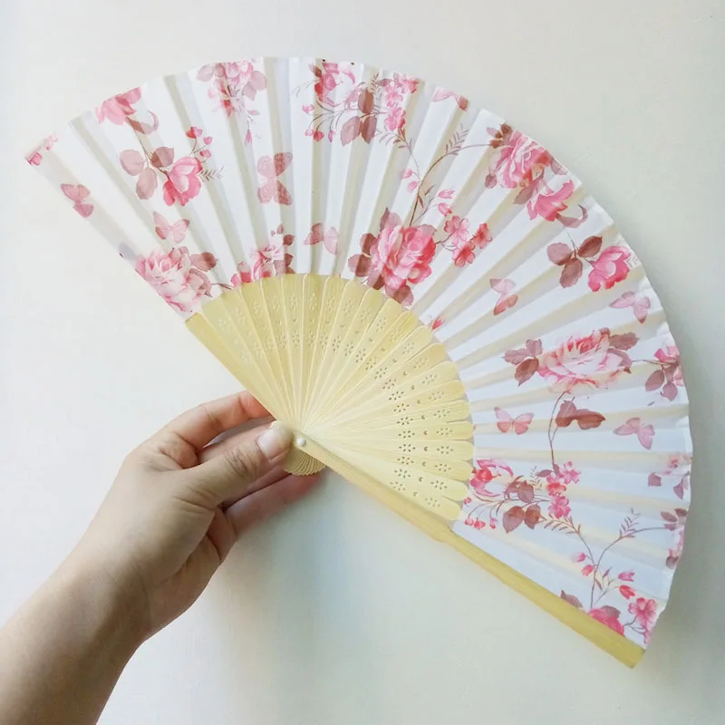 

100pcs Chinese Elegant Plum Blossom Silk Fan Rose Flower Hand Fan Wedding Gift Favors Customized LOGO wen5882