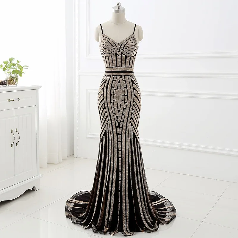 Black Gold Robe De Soiree Вечерние платья Русалка Тюль Спагетти ремень открытая спина развертки бисером реальное изображение Выпускные платья LSX116 - Цвет: Black Gold