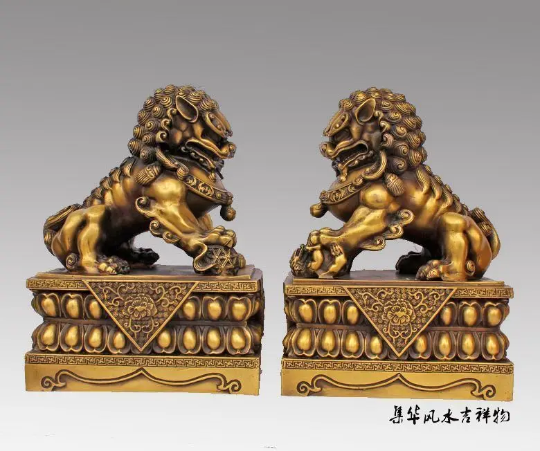 Большая пара бронзовая Китайская Статуя Льва Foo Собаки скульптура черная желтая