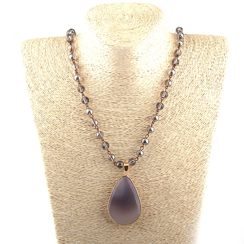 

MOODPC Fashion Bohemian Tribal Jewelry 8mm Glass BeadsLong Knotted Stone Drop Pendant Necklace