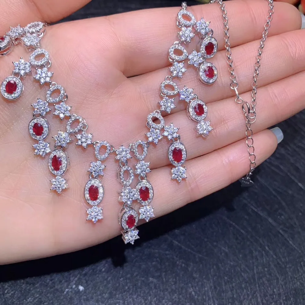 

Natural red ruby Necklace natural gemstone Pendant Necklace S925 silver women Luxurious big Flower Tassels woman wedding Jewelry