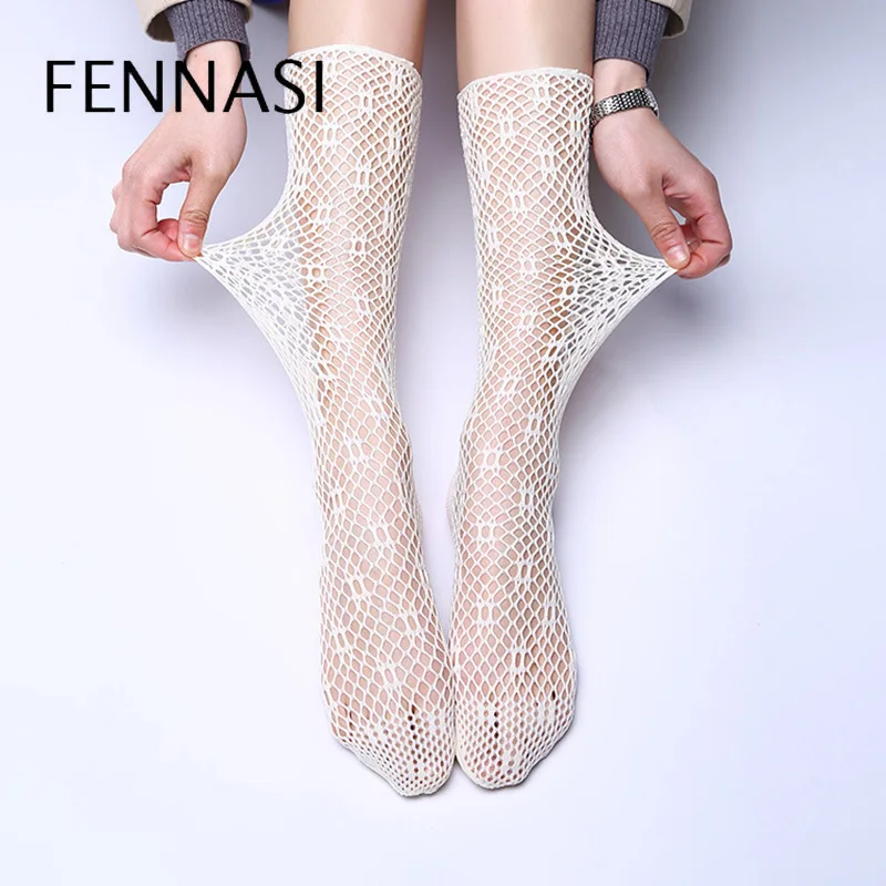 White FENNASI Harajuku Нейлоновые женские ажурные носки женские черные повседневные индивидуальные носки с полым принтом сексуальные женские носки - Цвет: White