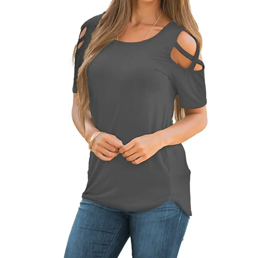 New Style Women Round Neck Off Shoulder Top T-Shirt Solid Color Short Sleeve T-shirt Female Vestido | Женская одежда