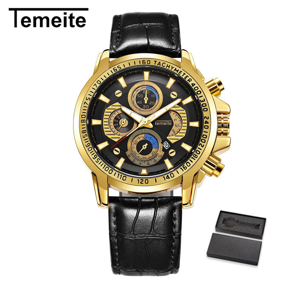 TEMEITE 5 with box Лидирующий бренд мужские большой уникальный дизайн кварцевые часы роскошные золотые кожаные Наручные часы водонепроницаемые мужские часы с календарем Relogio TEMEITE - Цвет: TEMEITE 5 with box