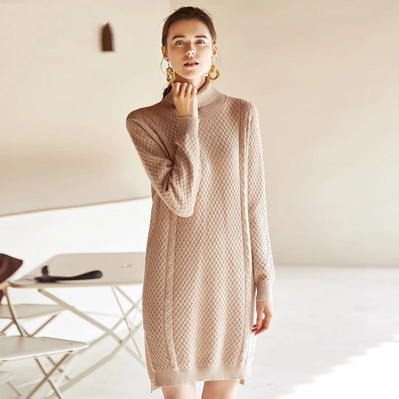 

ZHILI 2018 New Autumn Winter Cowlneck Pure Color Cashmere Sweater Dress