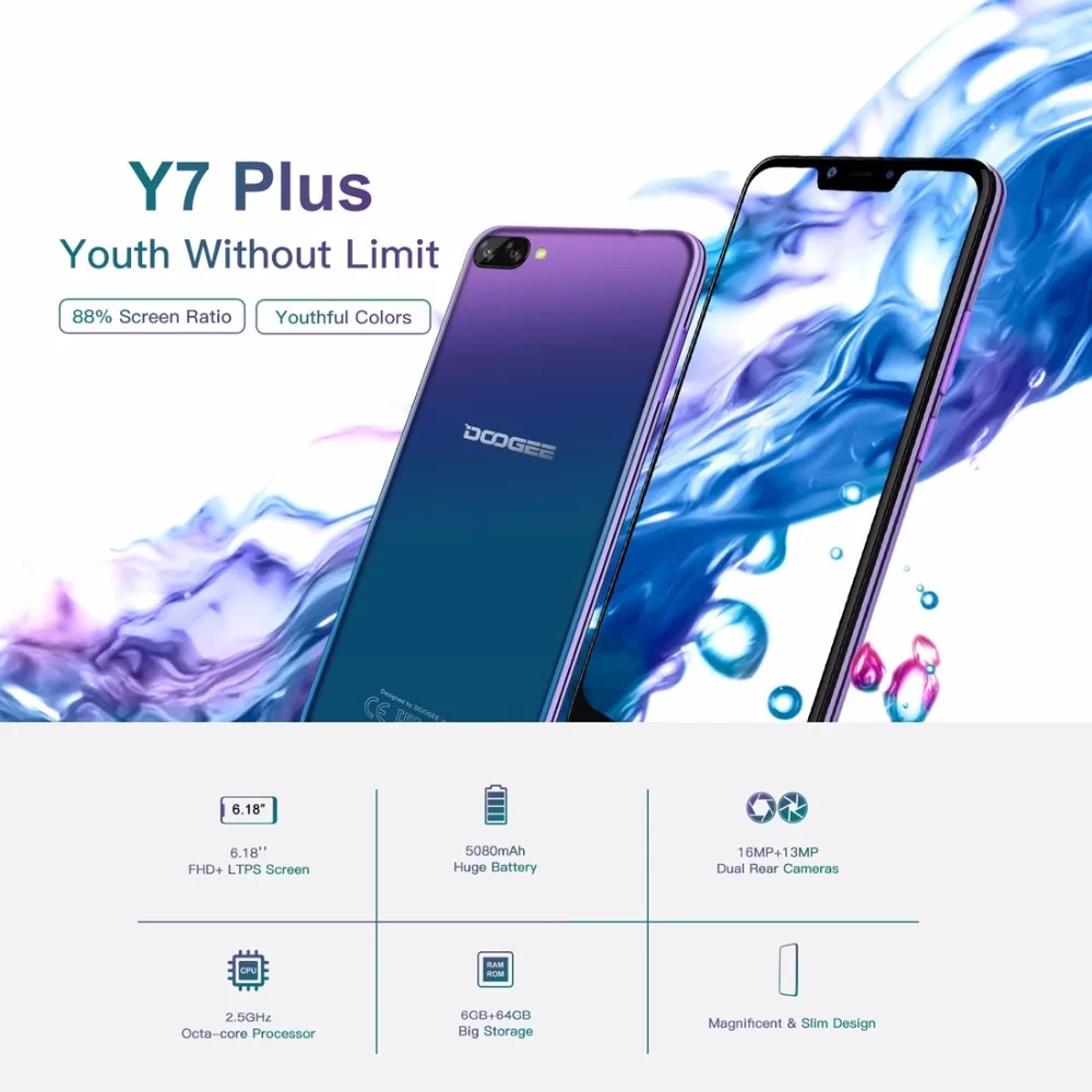 DOOGEE Y7 Plus мобильный телефон 6 18 дюймов 1080*2246 экран MTK6757 Восьмиядерный 2 5 ГГц ГБ ОЗУ 64