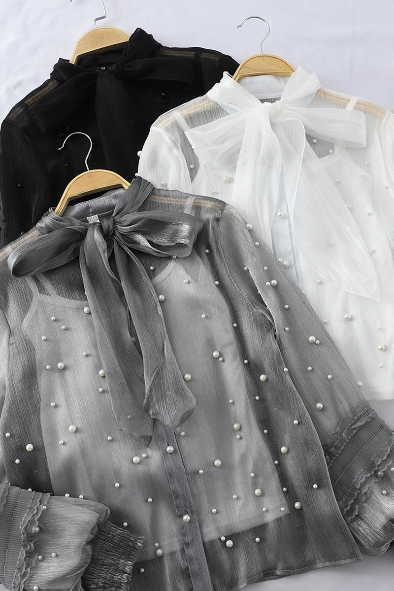 2019 Весенняя блузка с рукавами фонариками женская завязками на шее и бантом