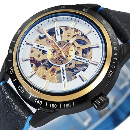 NEW LEATHER WHT BLUE Winner часы для мужчин Скелет автоматические механические золотистые часы-скелетоны винтажные мужские часы s часы Forsining лучший бренд класса люкс - Цвет: NEW LEATHER WHT BLUE