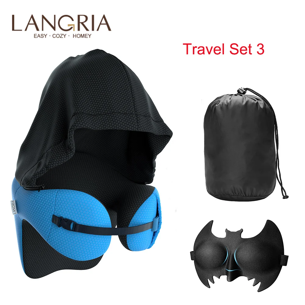 Travel Set 3 LANGRIA, подушка для путешествий из пены с эффектом памяти, с маской для глаз, съемный капюшон, регулируемый размер шеи, u-образная подушка для автомобиля, набор для путешествий - Цвет: Travel Set 3