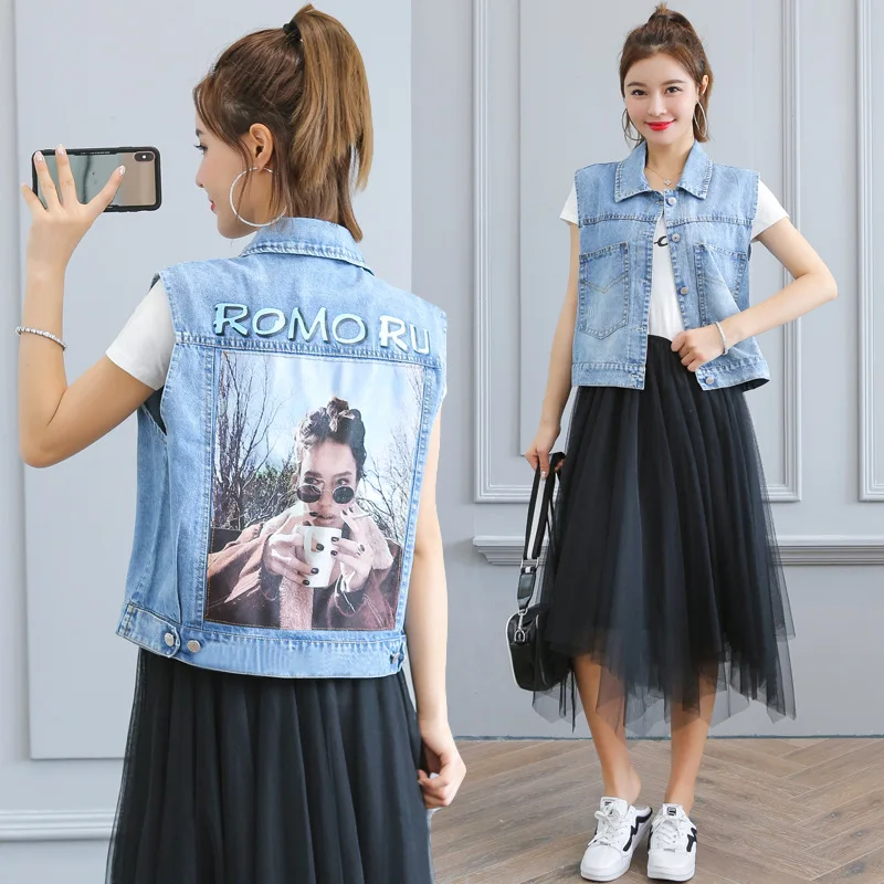 

Rlyaeiz Spring Short Denim Women's Vest 2019 Summer Fashion Back Printed Loose Cowboy Vests Sleeveless Jeans Jackets Waistcoat