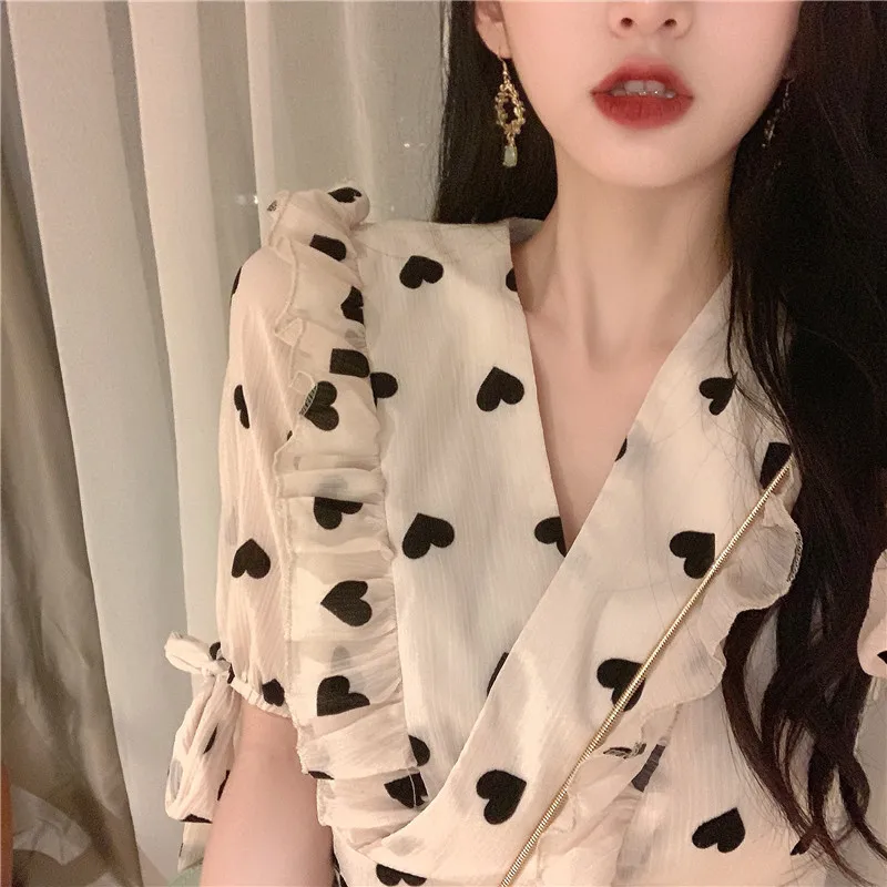 Сексуальное шифоновое платье с v образным вырезом и сердечками персикового цвета